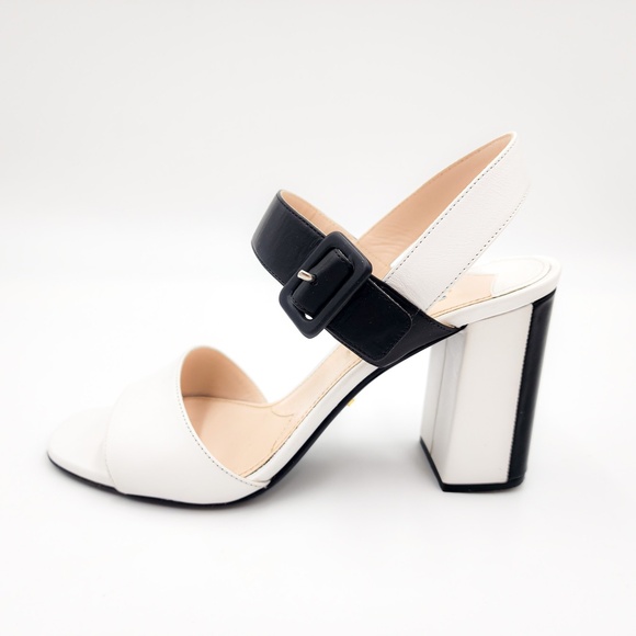 Prada Leather Mary Jane Black & White Designer Sandals Heels w.box EU 38 - Picture 3 of 9